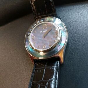 Honora Mother Of Pearl Floating Pearls Women's Watch Black Leather